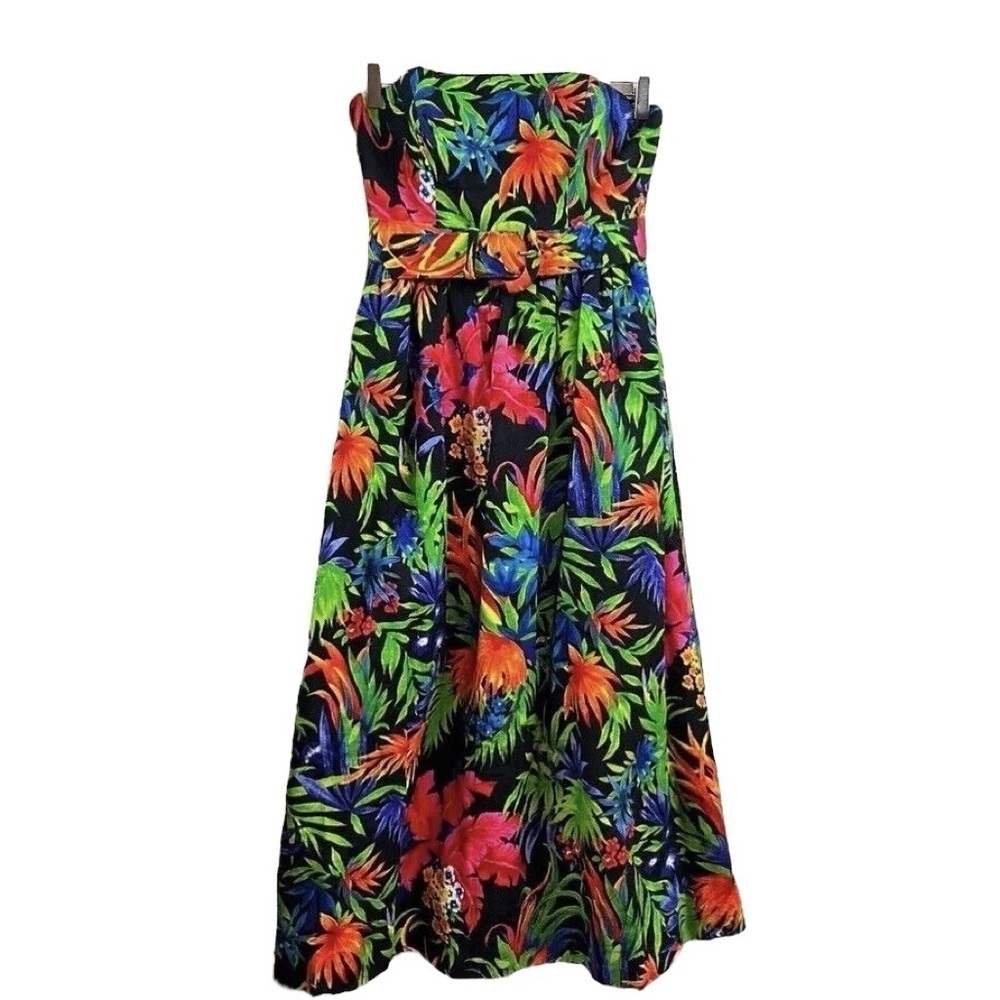 Vtg AJ Bari Tropical Leaf Belted Strapless Cocktail Dress Black Green Size 8